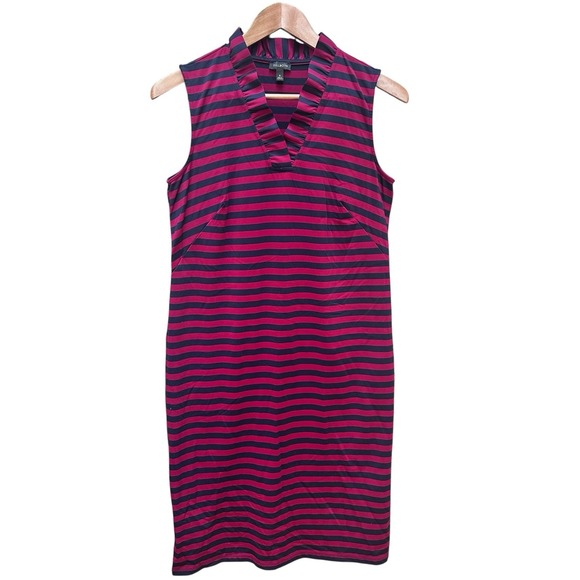 Talbots Dress Red Wine & Blue Striped Ruffle V-Neck Coquette Boho Preppy Size S - Picture 1 of 6